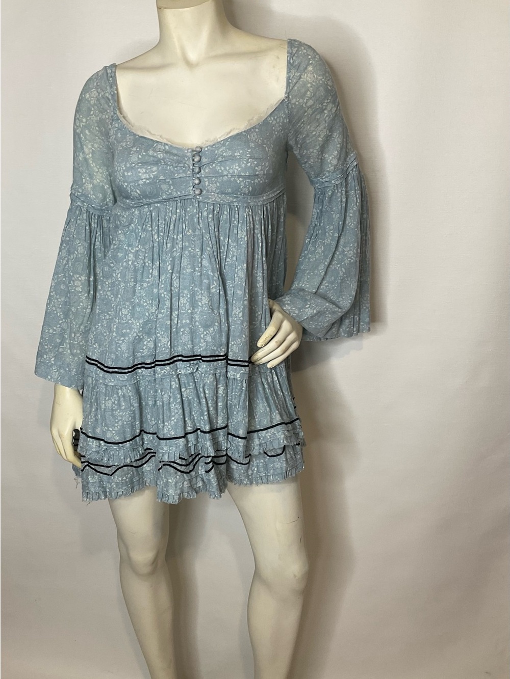 Japanese Designer Babydoll Dress Powder Blue Pleated Bell Sleeve Juliet Small